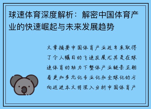 球速体育深度解析：解密中国体育产业的快速崛起与未来发展趋势